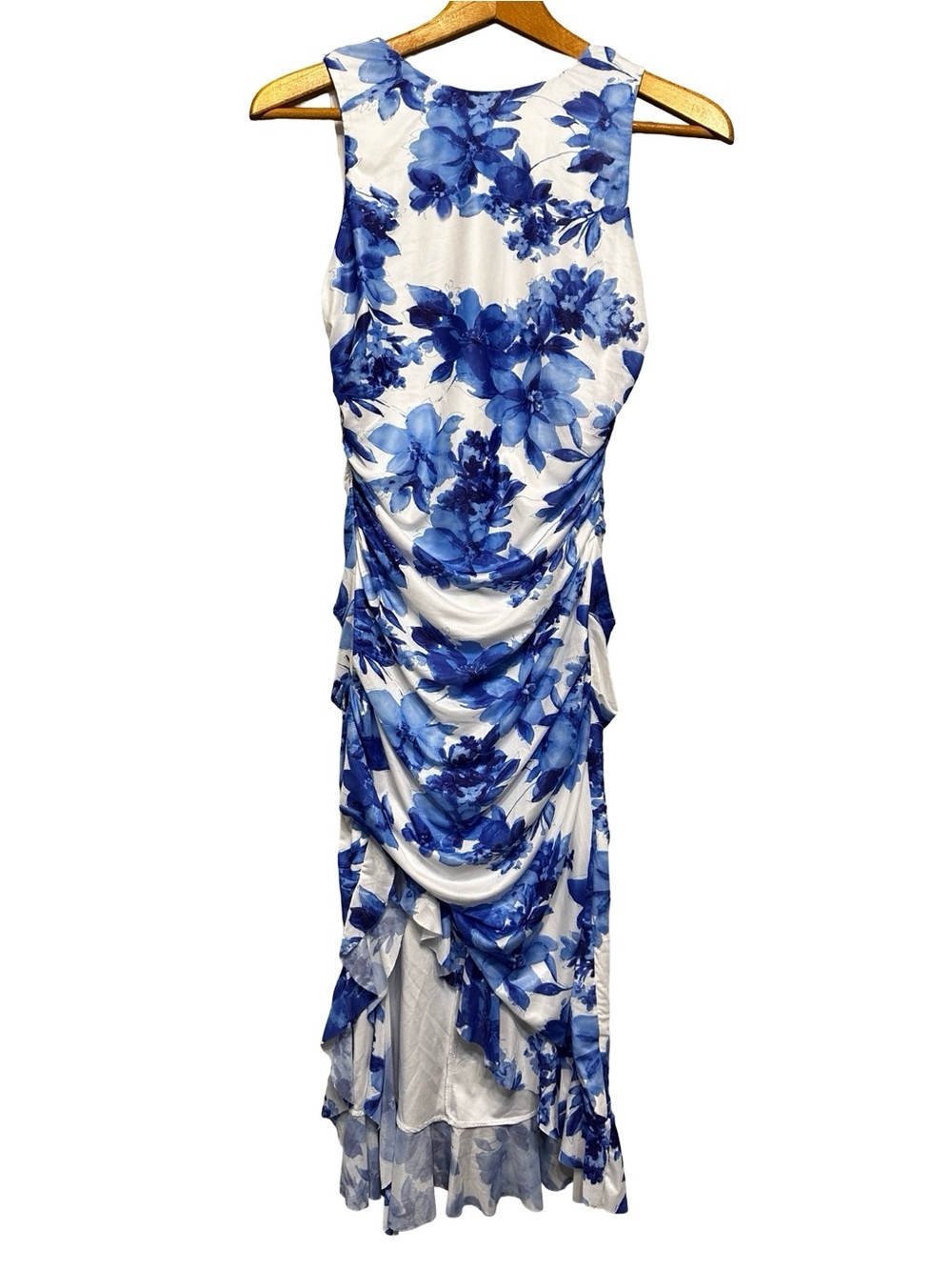 LENA Blue White Floral Ruched Midi Dress SZ M Sleeveless Ruffle Hem Romantic